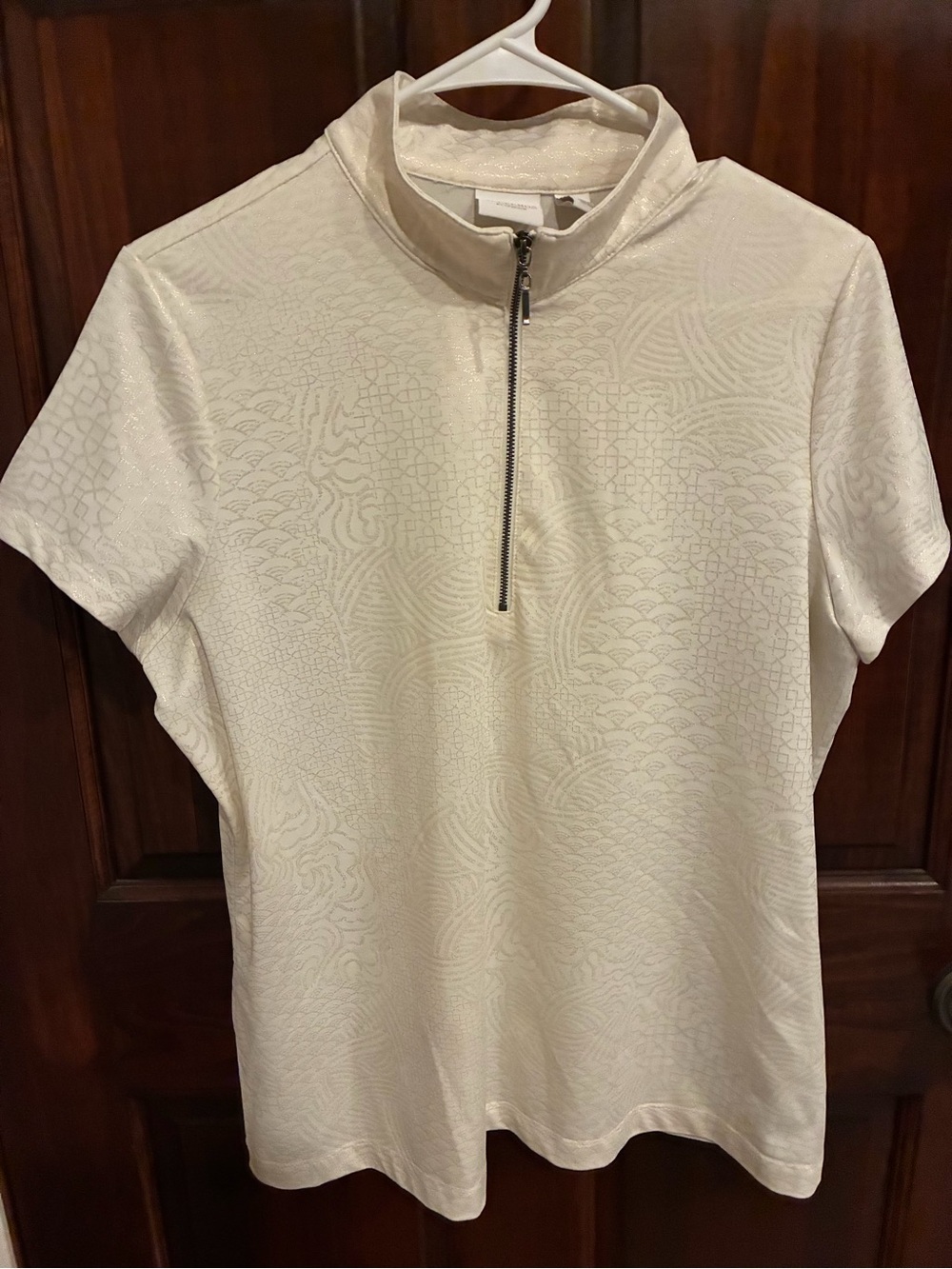 Chico's Short-Sleeve Zip Mock Neck Top in Cream